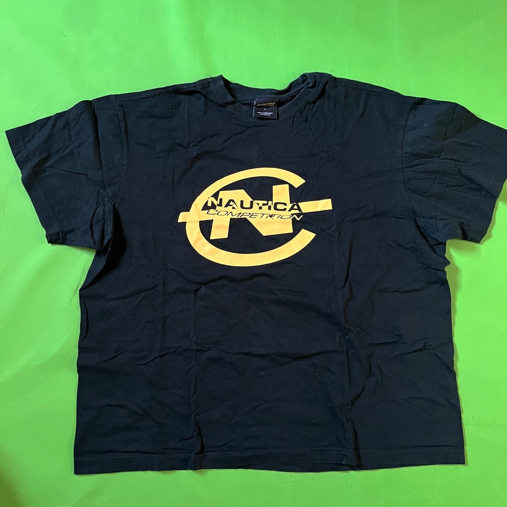 Y2K Nauticaโ Competition Mens Large Black Yellow VTG Logo Cotton T-Shirt L